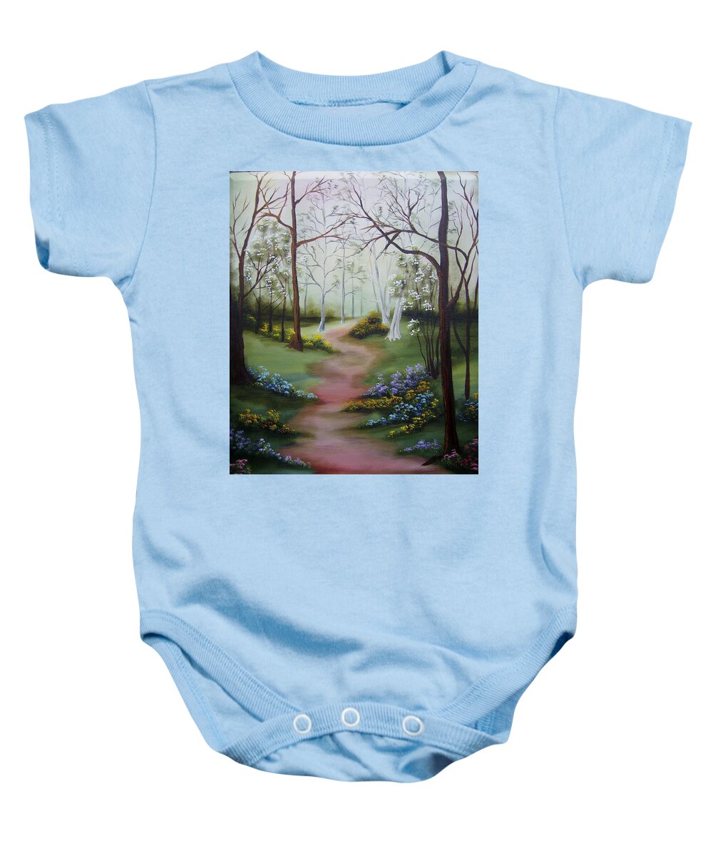 Path Baby Onesie featuring the painting Path Through the Trees by Debra Campbell
