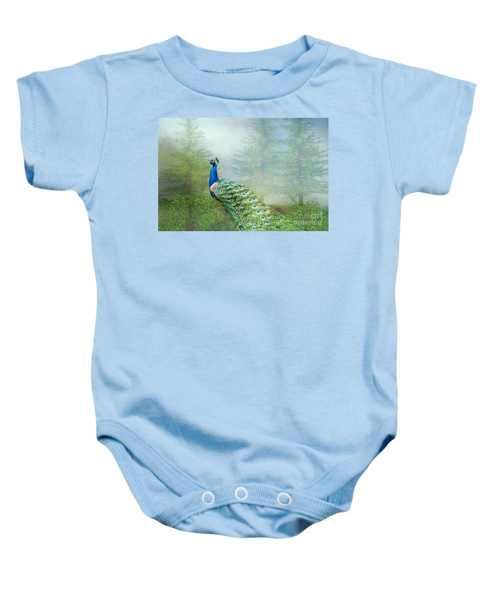 Peacock Baby Onesie featuring the photograph Peacock in the Forest by Bonnie Barry