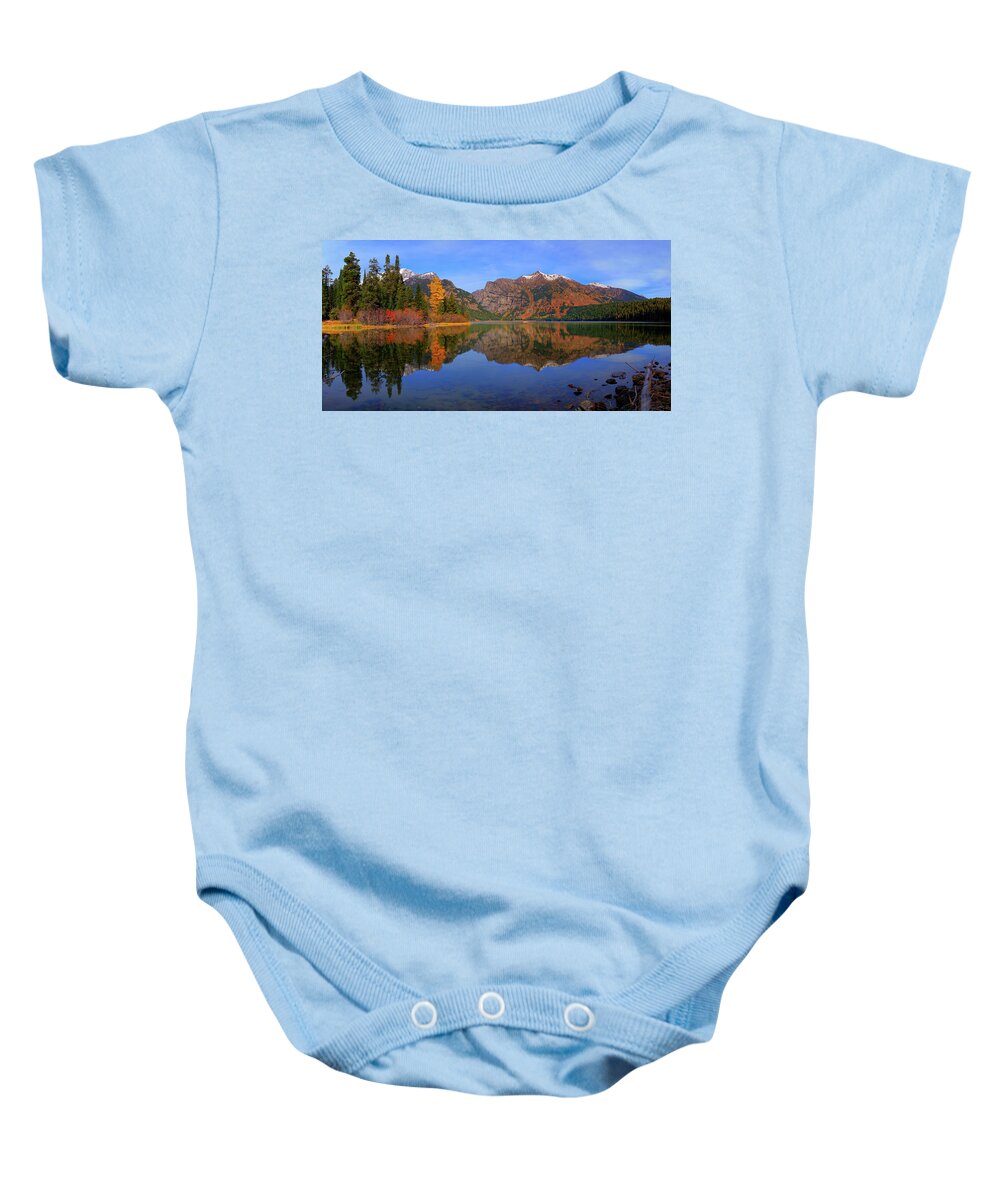 Phelps Lake Baby Onesie featuring the photograph Phelps Lake Panoramic Reflections by Greg Norrell