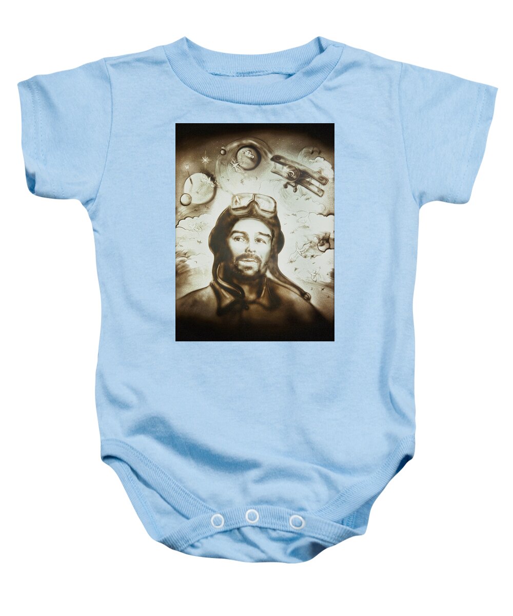 The Little Prince Baby Onesie featuring the painting Pilot Portrait. The Little Prince by Elena Vedernikova
