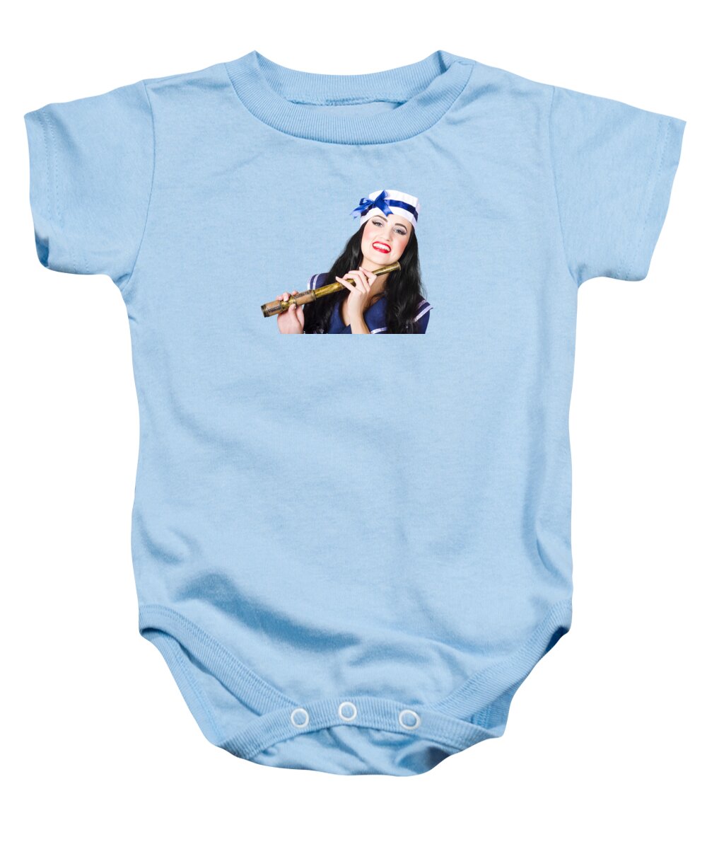 Telescope Baby Onesie featuring the photograph Pinup sailor girl holding telescope by Jorgo Photography