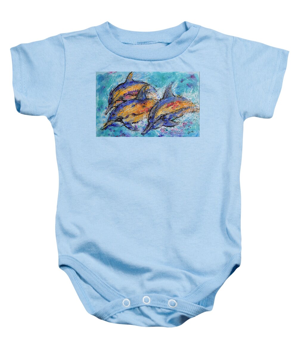 Dolphins Baby Onesie featuring the painting Playful Dolphins by Jyotika Shroff