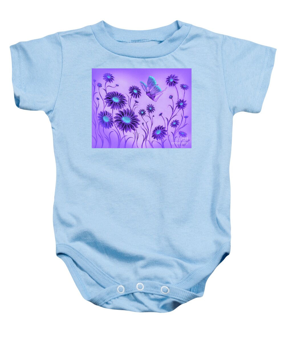 Daisy Baby Onesie featuring the drawing Purple Dream - Dancing with Daisies by Yoonhee Ko