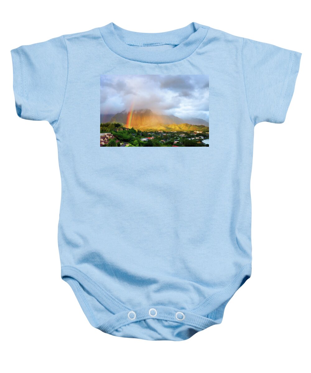 Hawaii Baby Onesie featuring the photograph Puu Alii with Rainbow by Dan McManus