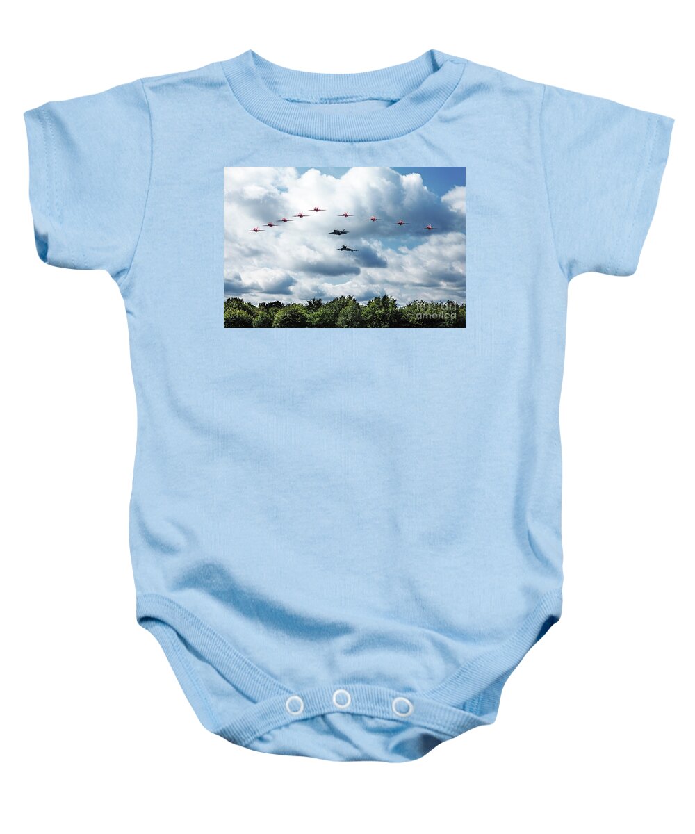 Red Arrows With F35 And Typhoons Baby Onesie featuring the digital art RAF Fly By by Airpower Art