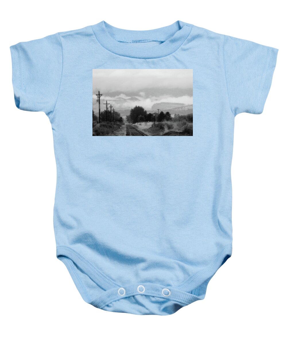 Trains Baby Onesie featuring the photograph Railway into the Clouds BW by James BO Insogna