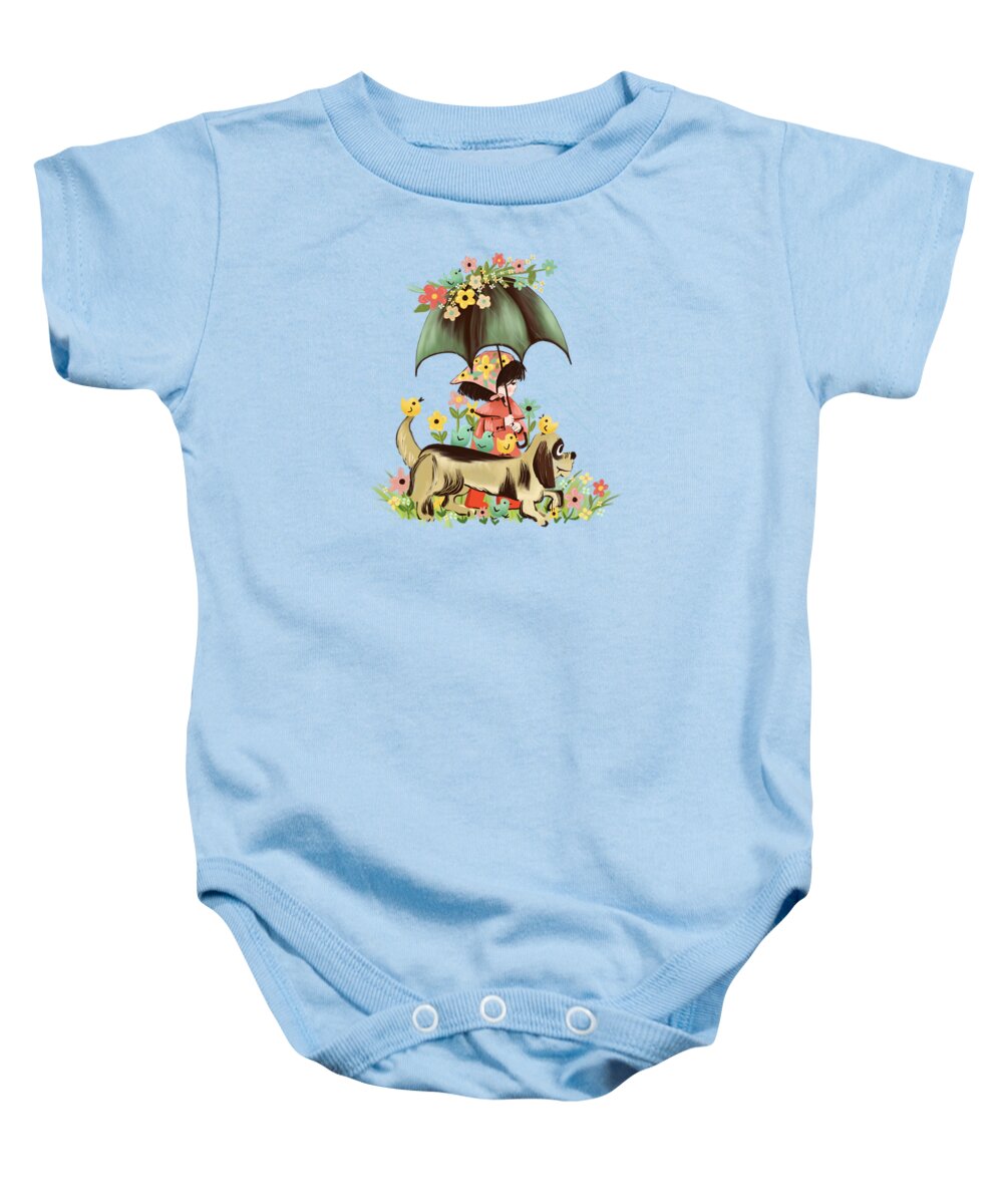 Painting Baby Onesie featuring the painting Rain on the green grass, Rain on the tree, Rain on the housetop, But not on me. by Little Bunny Sunshine