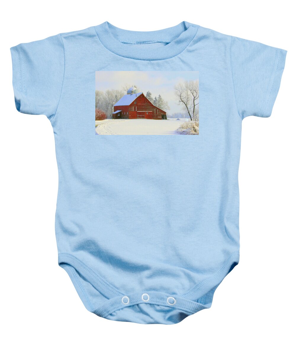 Red Barn Baby Onesie featuring the photograph Red Barn in the Snow by Julie Lueders 