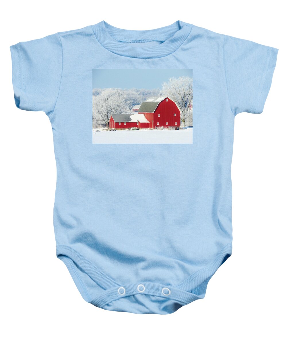 Barns Baby Onesie featuring the photograph Red Barn In Winter by Lori Frisch