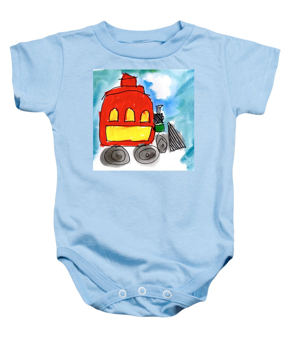 Red Train Baby Onesie featuring the painting Red Train by Isabel Tubao Age Five