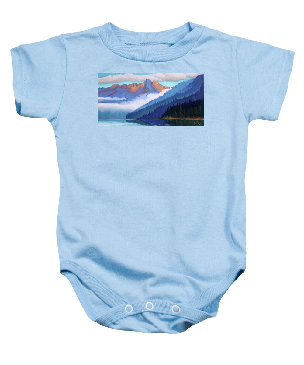 Redfish Lake Baby Onesie featuring the painting Redfish Lake - Low Clouds by Kevin Hughes