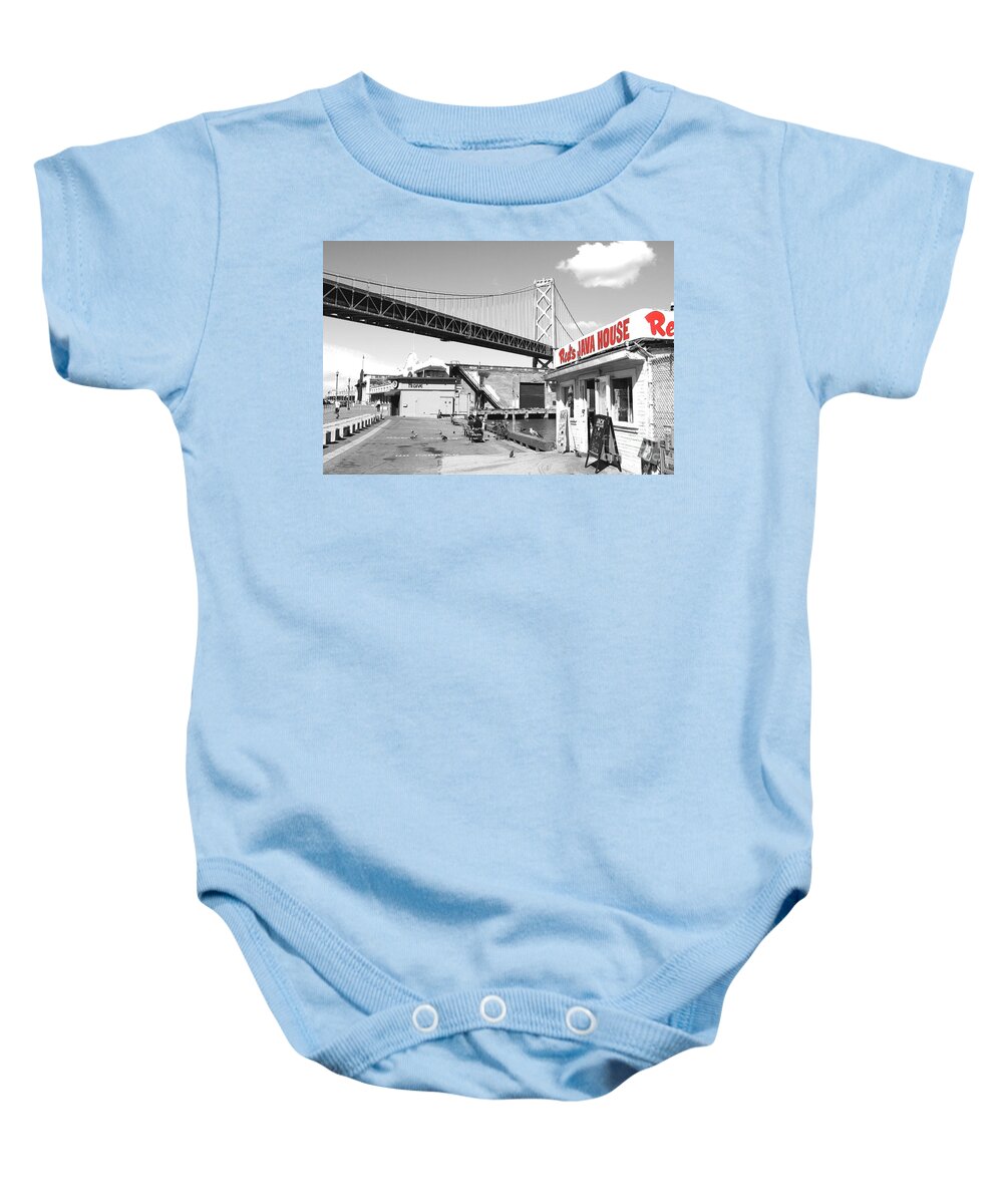 Black And White Baby Onesie featuring the photograph Reds Java House and The Bay Bridge in San Francisco Embarcadero . Black and White and Red by Wingsdomain Art and Photography