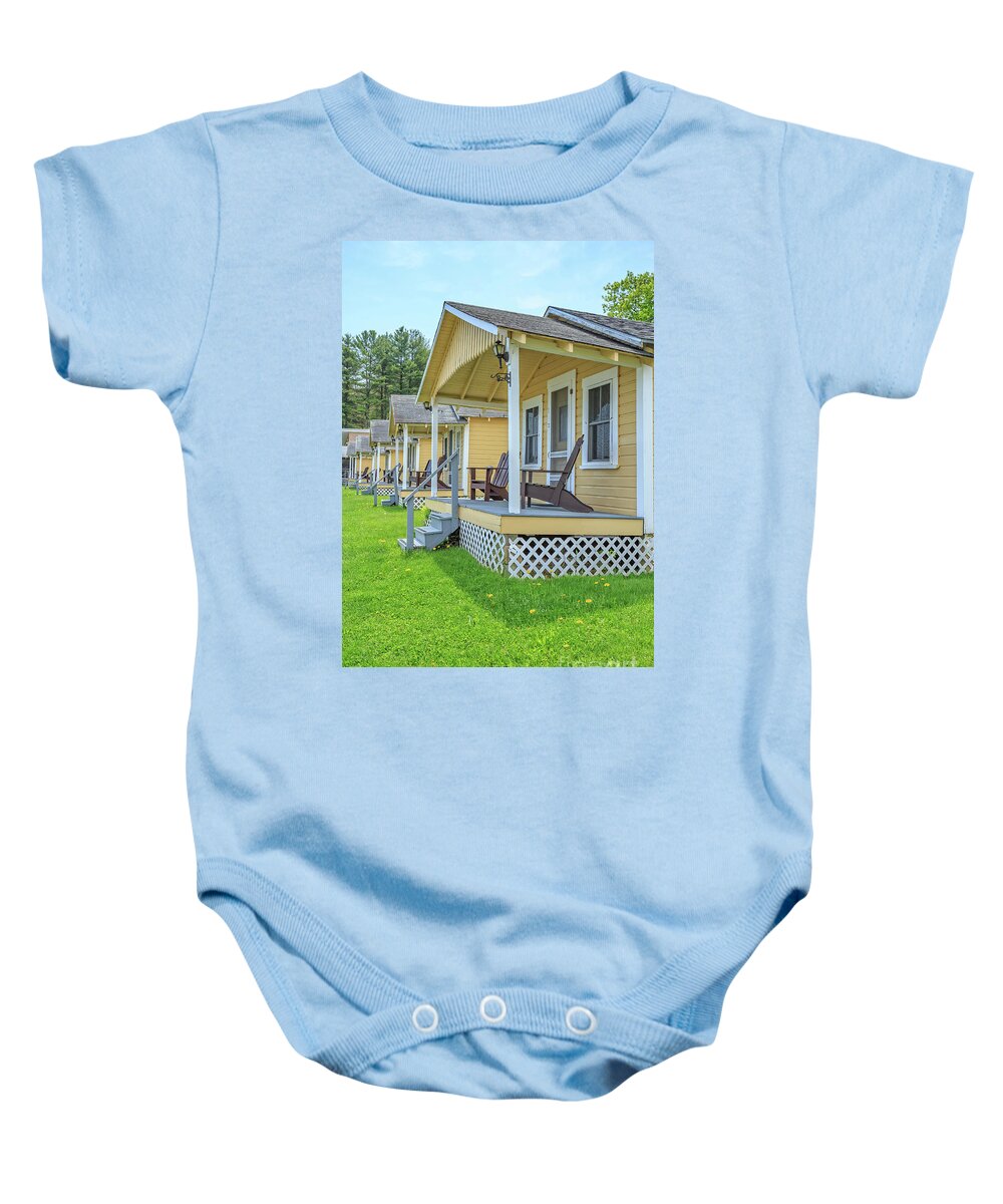 Weirs Beach Baby Onesie featuring the photograph Row of vintage yellow rental cottages by Edward Fielding