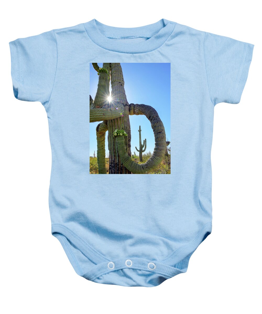 Blooms Baby Onesie featuring the photograph Saguaro Blooms with Burst of Light by Joanne West