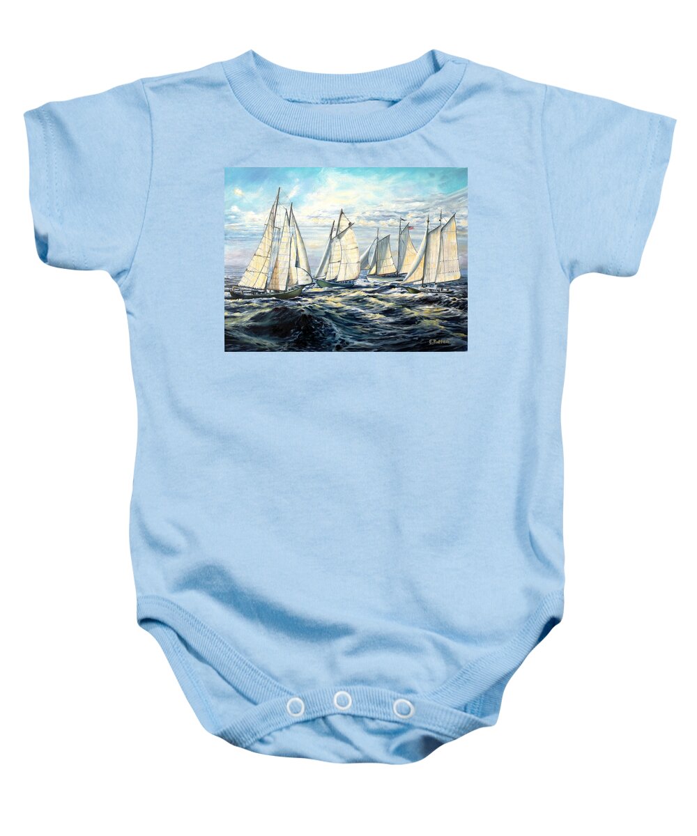 Gloucester Baby Onesie featuring the painting Schooner Race by Eileen Patten Oliver
