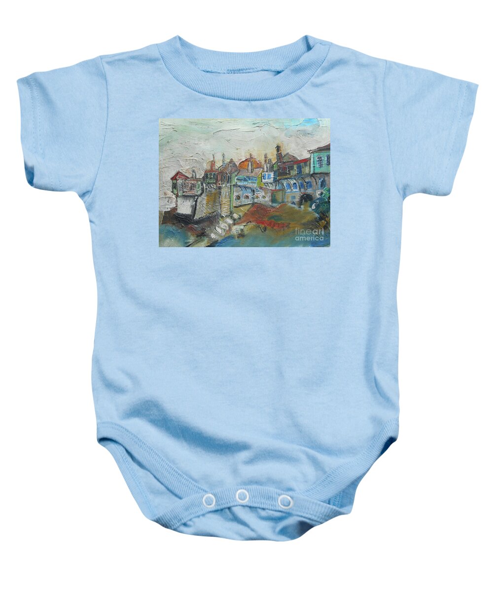 One Of My Very First Oil Paintings At Age 14: The Sea Has Always Been My Favorite Theme As I Have Always Lived Next To It Since My Childhood! Baby Onesie featuring the painting Sea Shore Village by Katerina Stamatelos