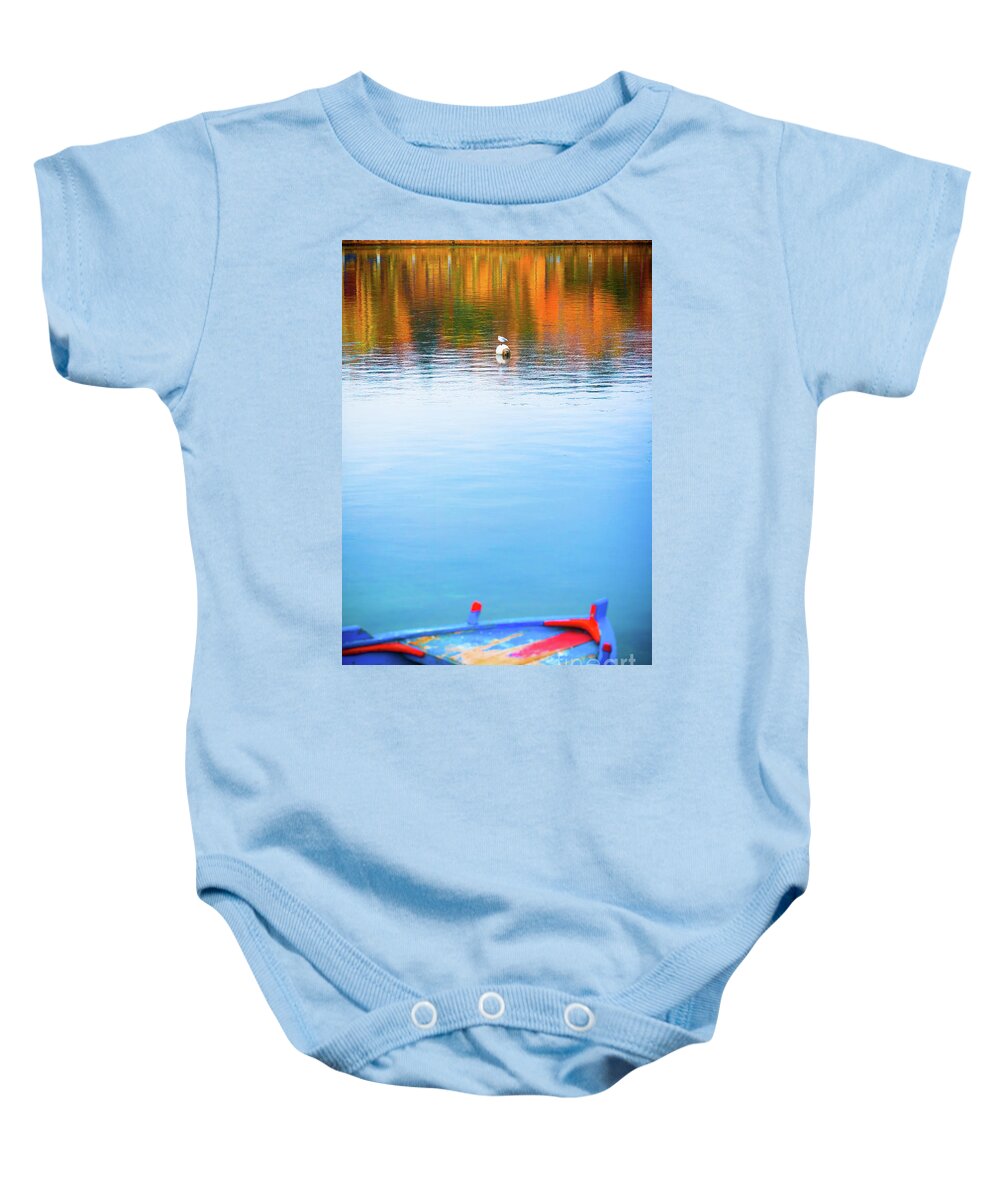 Autumn Baby Onesie featuring the photograph Seagull and boat by Silvia Ganora