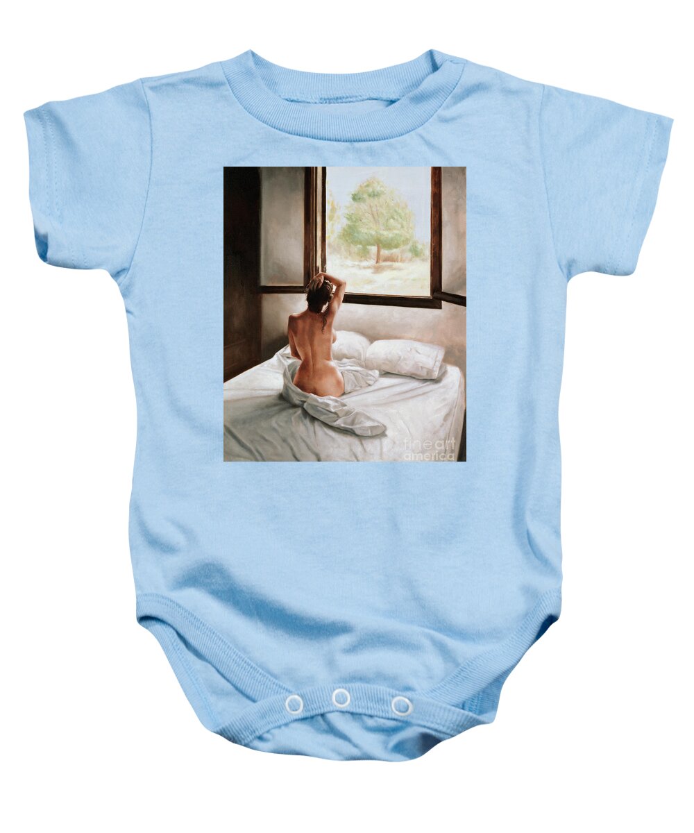 Bed; Waking Up; Female; Woman; Nude; Bedsheets; Sheets; Window; View; Tree Baby Onesie featuring the painting September Morning by John Worthington