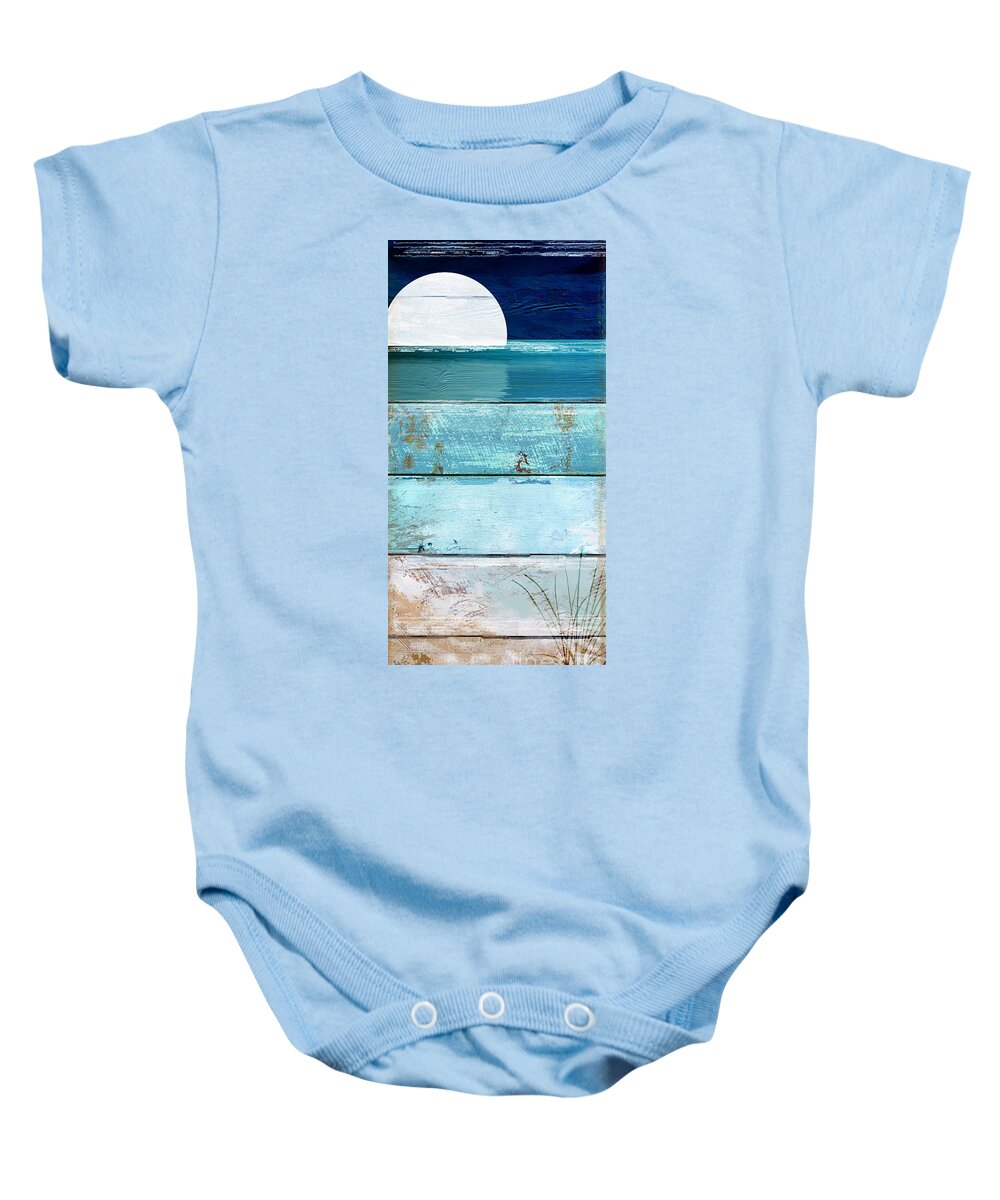Beach Baby Onesie featuring the painting Shore and Moonrise by Mindy Sommers