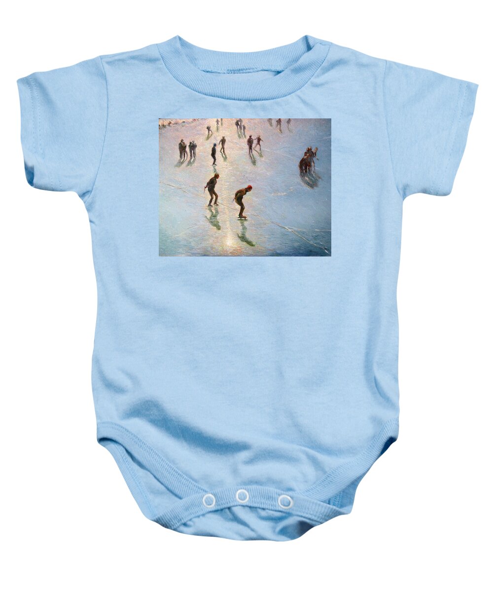 Landscape Baby Onesie featuring the painting Skating in the Sunset by Pierre Dijk