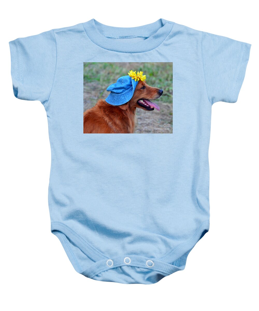 Golden Retriever Baby Onesie featuring the photograph Smiling Golden Retriever in Hat by Catherine Sherman