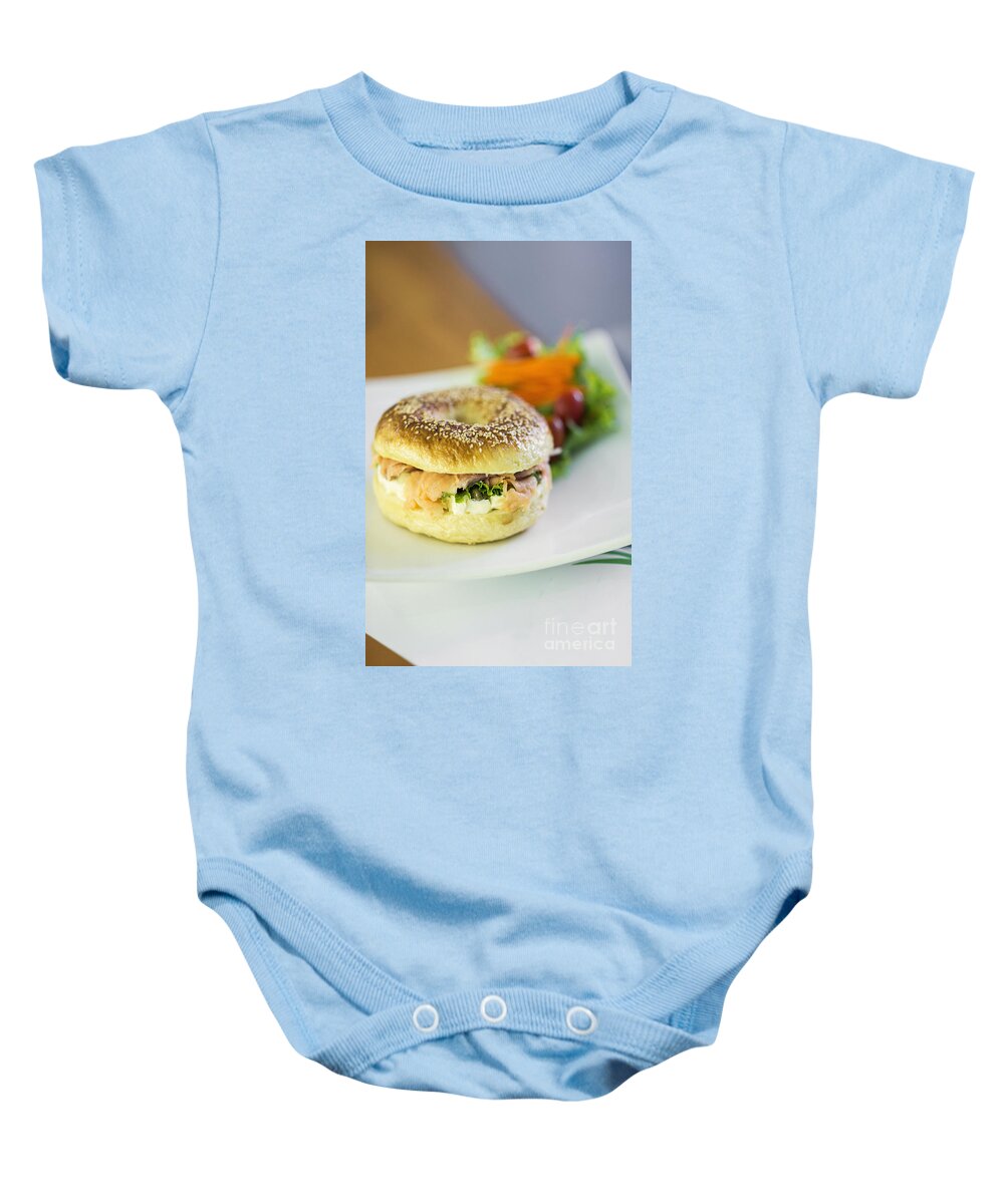 Bagel Baby Onesie featuring the photograph Smoked Salmon And Cream Cheese Bagel by JM Travel Photography