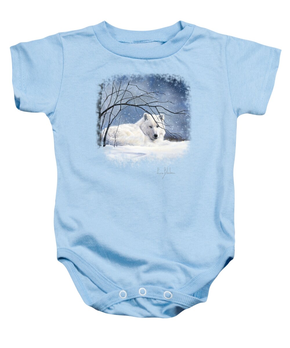 Wolf Baby Onesie featuring the painting Snowy by Lucie Bilodeau