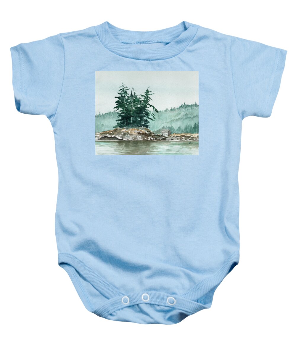 Landscape Watercolor Scenery Scenic Nature Wilderness Cabin Shack Trees Water Rural Baby Onesie featuring the painting Sometimes A Great Notion by Brenda Owen