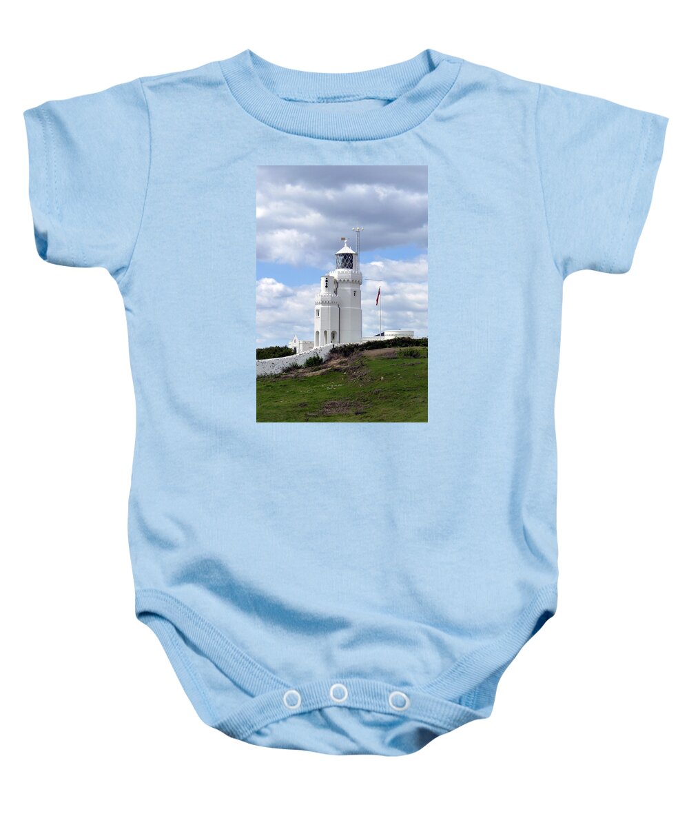 Lighthouse St. Catherine Baby Onesie featuring the photograph St. Catherine's Lighthouse on the Isle of Wight by Carla Parris