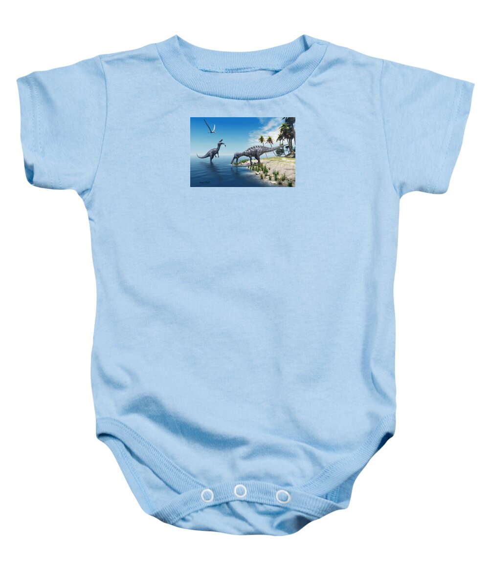 Suchomimus Baby Onesie featuring the painting Suchomimus Dinosaurs by Corey Ford