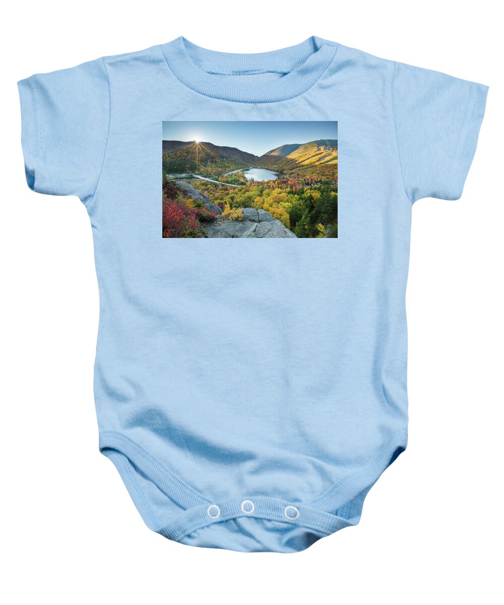 Sunburst Baby Onesie featuring the photograph Sunburst over Franconia Notch by White Mountain Images