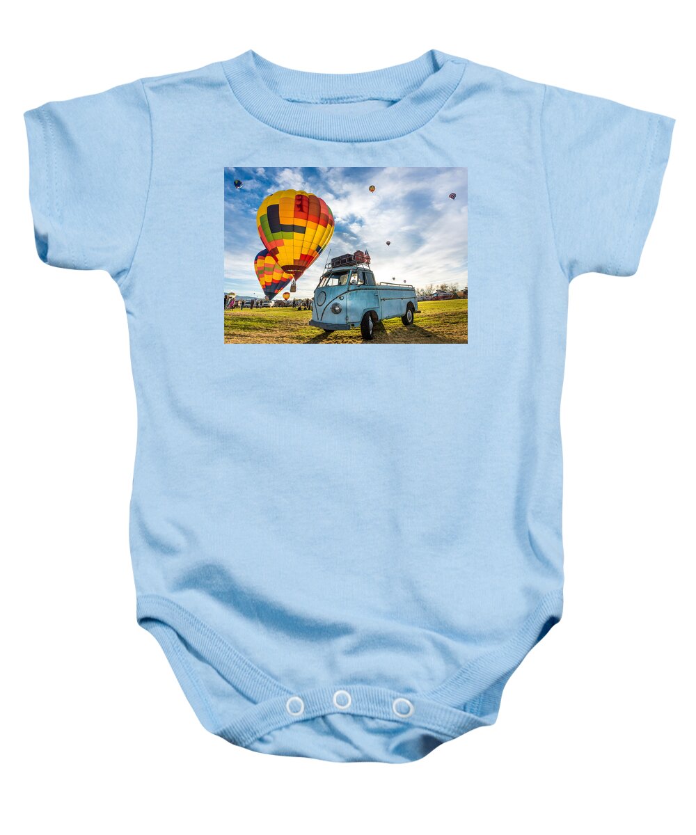 Arizona Baby Onesie featuring the photograph Sunrise Balloon Liftoff over VW Single Cab by Richard Kimbrough
