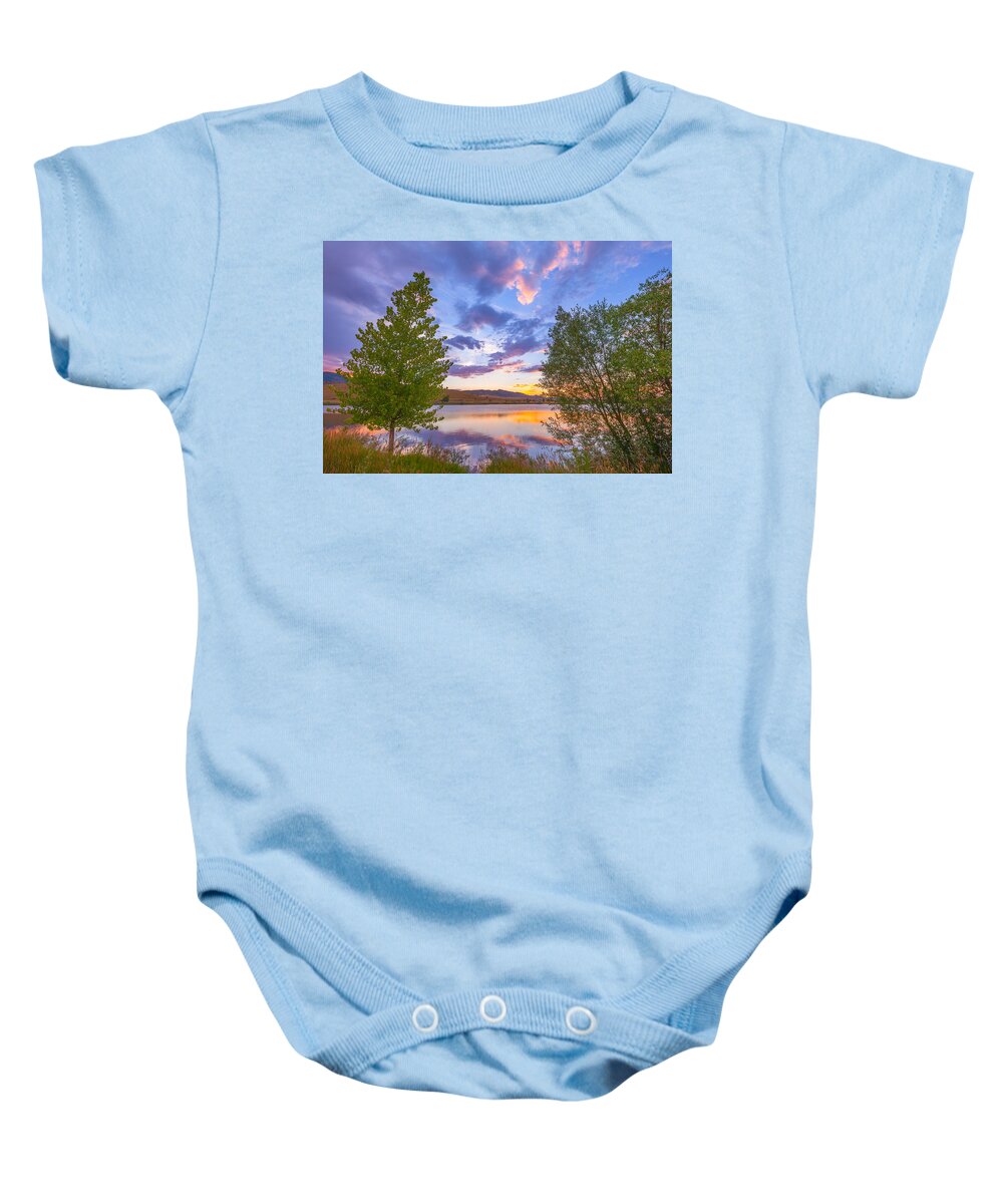 Sunset Baby Onesie featuring the photograph Sunset Stroll Along the Lake by Darren White