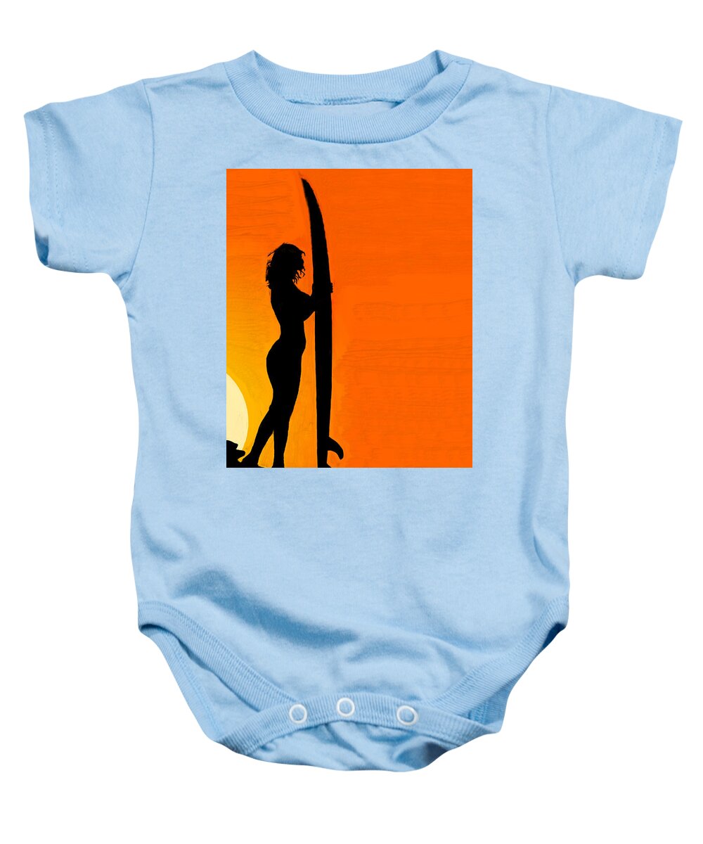 Sunset Baby Onesie featuring the painting Surfer Silhouette at Sunset by Bruce Nutting