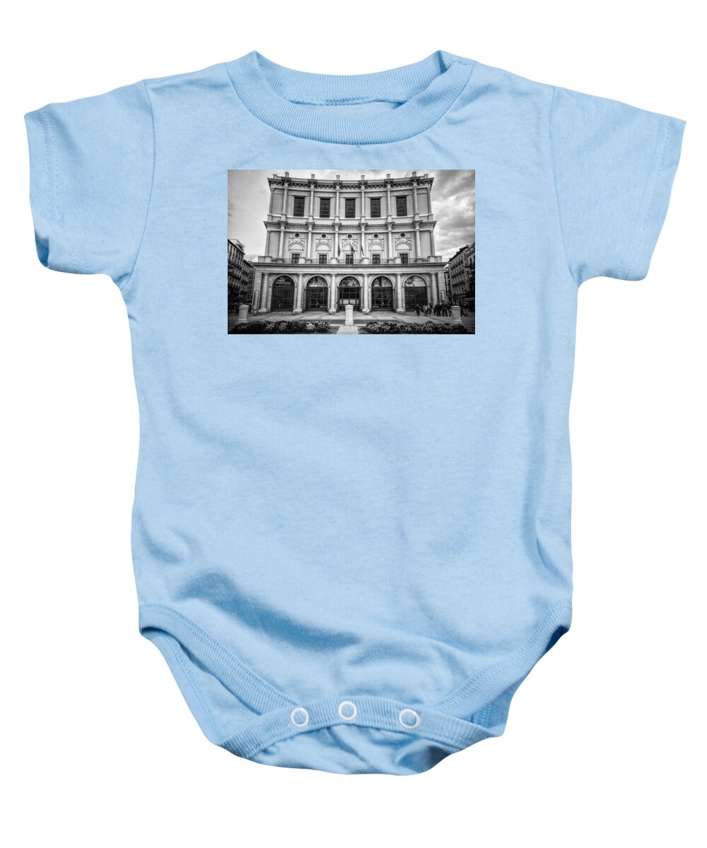 Joan Carroll Baby Onesie featuring the photograph Teatro Real Madrid BW by Joan Carroll