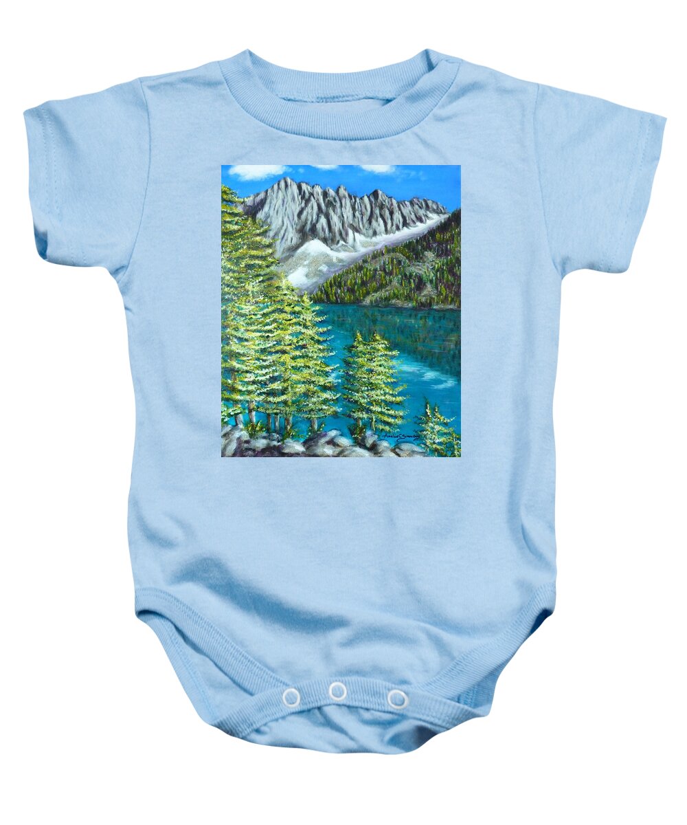 Temple Crag In Big Pines Lake Baby Onesie featuring the painting Temple Crag by Amelie Simmons