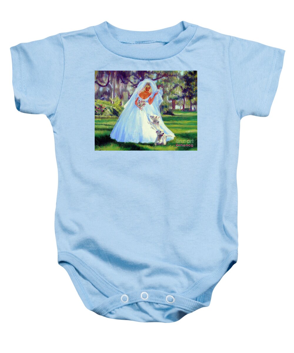 Bride Baby Onesie featuring the painting The Bride with her Westies by Candace Lovely
