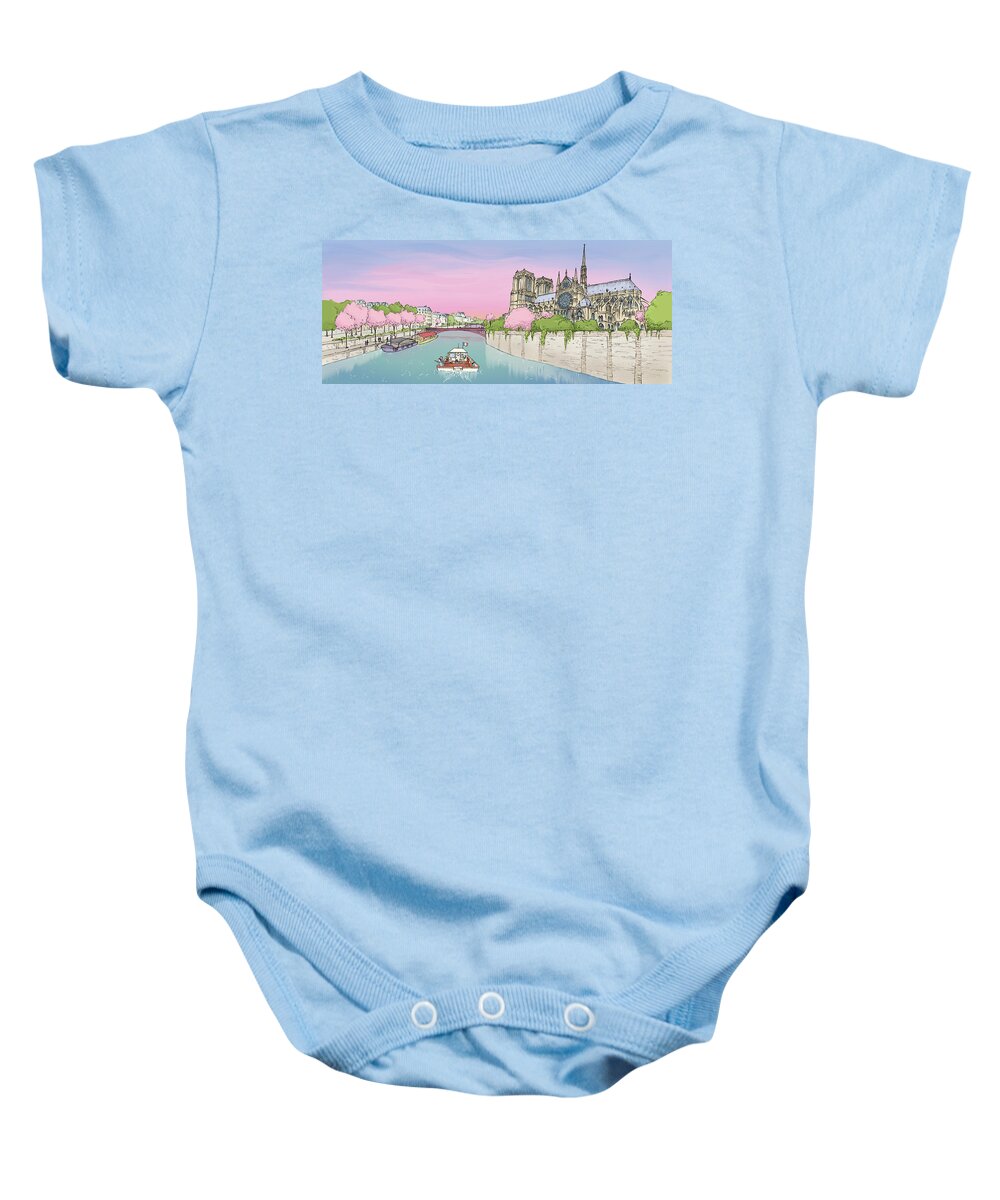 Paris Hop Baby Onesie featuring the digital art The Seine and Notre Dame by Renee Andriani