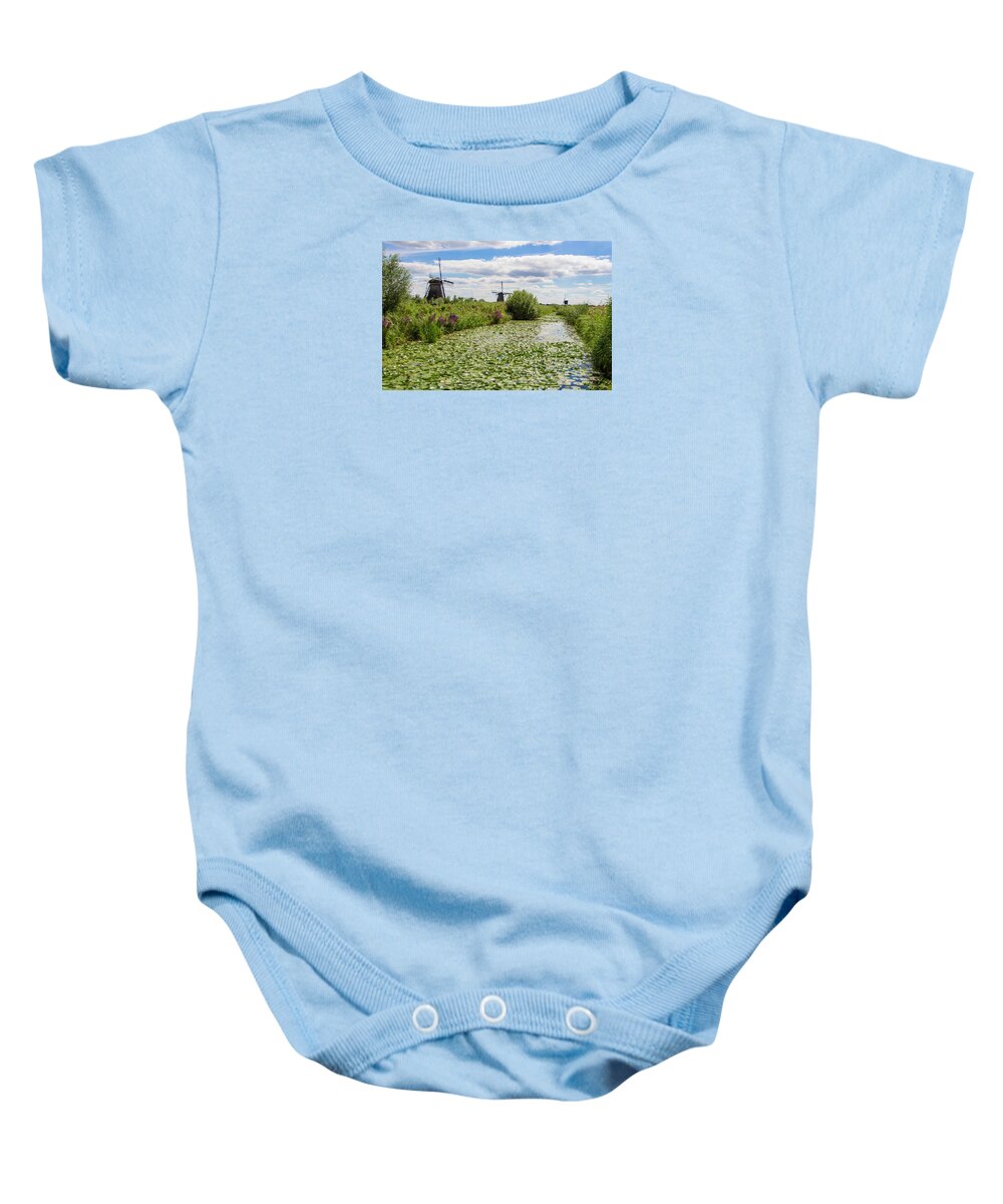 Kinderdijk Baby Onesie featuring the photograph The Windmills of Kinderdijk in the Netherlands by Venetia Featherstone-Witty