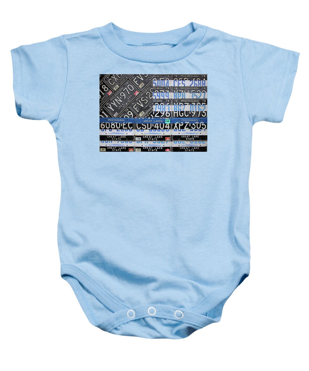 Thin Blue Line Baby Onesie featuring the mixed media Thin Blue Line Michigan License Plate American Flag Art by Design Turnpike