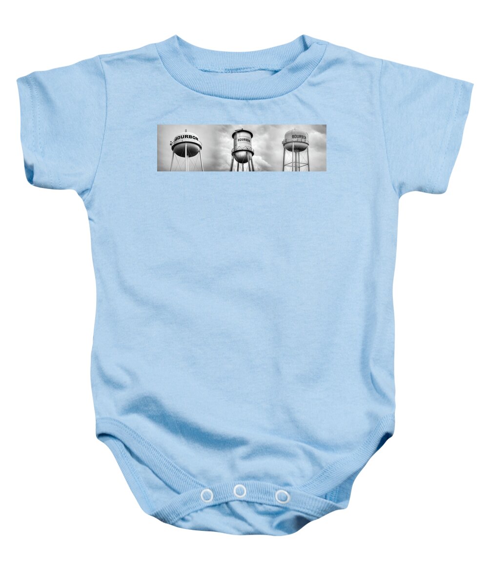 America Baby Onesie featuring the photograph Three Bourbon Whiskey Towers Panorama - Monochrome by Gregory Ballos