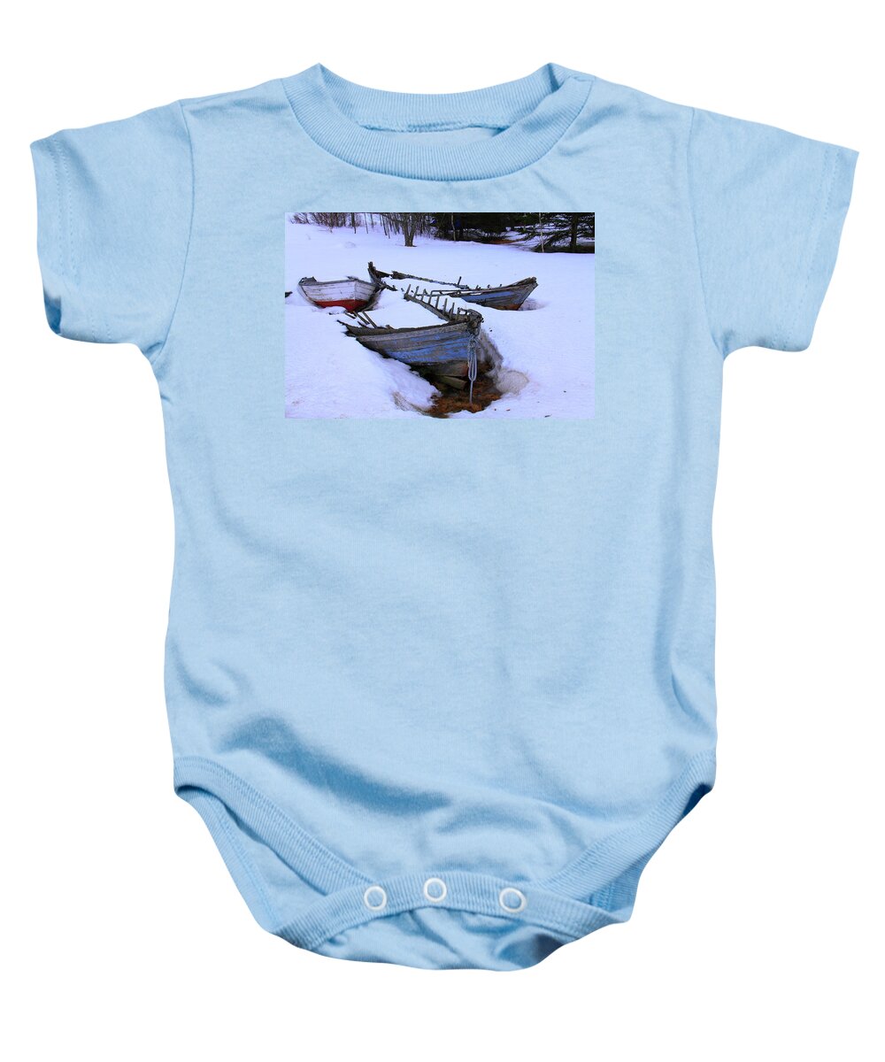 Seascape Baby Onesie featuring the photograph Three In The Snow by Doug Mills