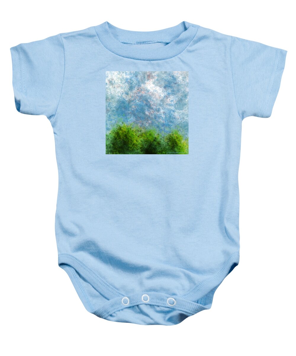 Bonnie Follett Baby Onesie featuring the digital art Three Trees with Clouds full color version by Bonnie Follett