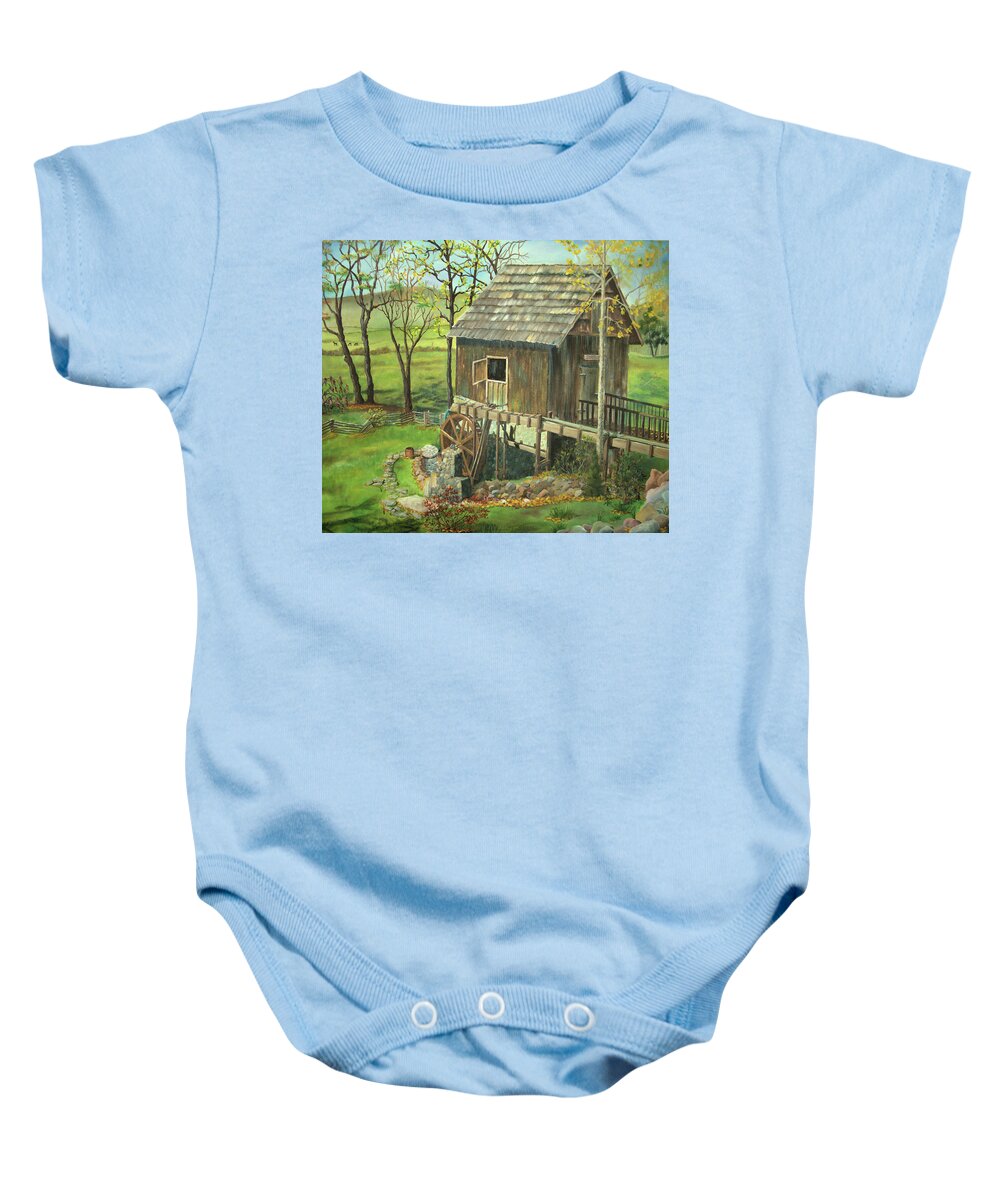 Mill Baby Onesie featuring the painting Tom Lott's Mill in Georgia by Nicole Angell