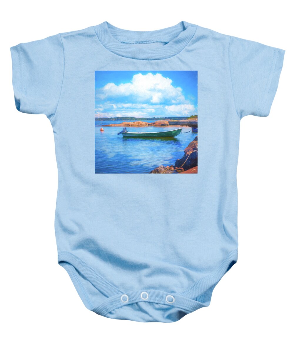 Boats Baby Onesie featuring the photograph Tucked in the Harbor Oil Painting by Debra and Dave Vanderlaan