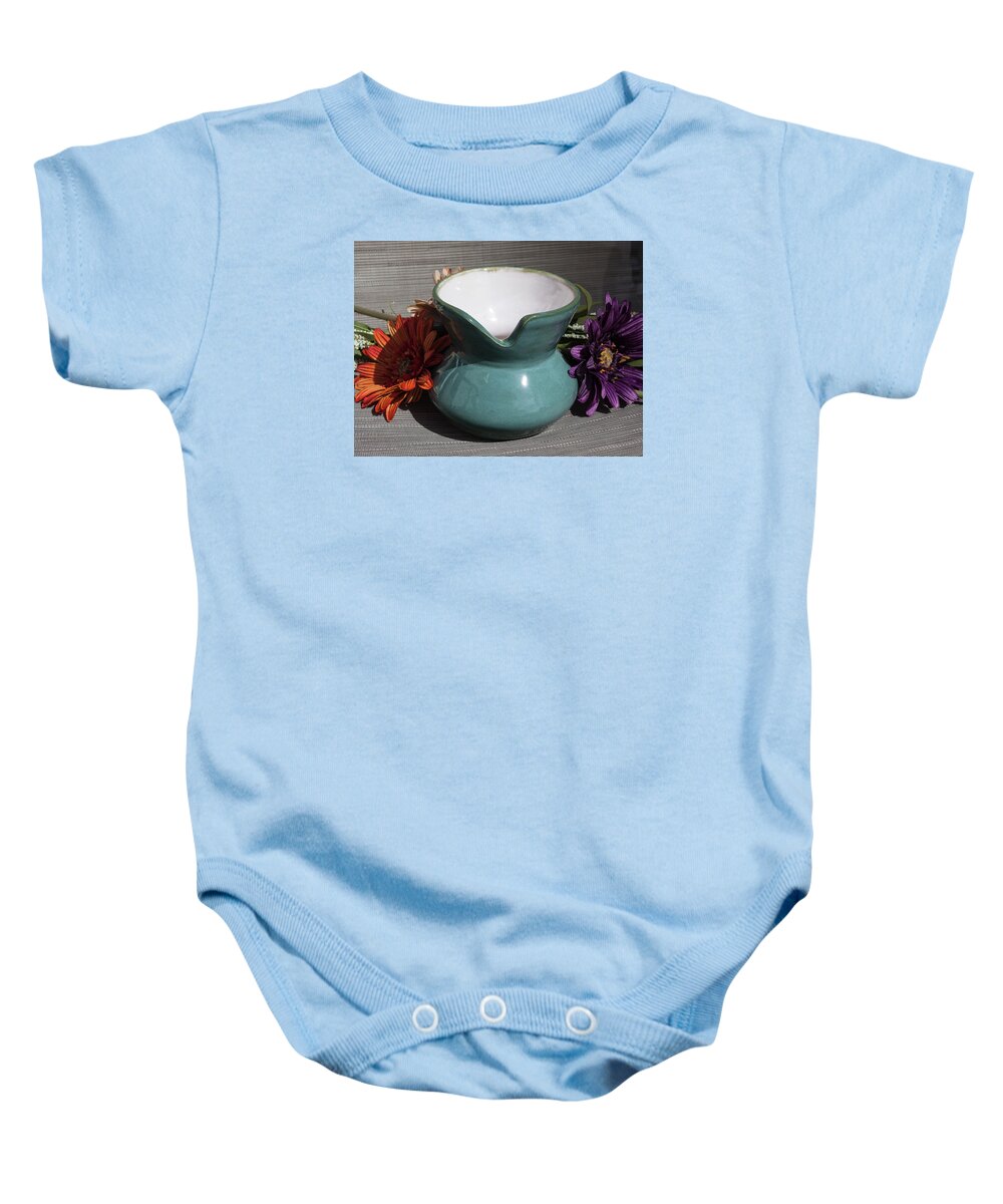 Ceramic Baby Onesie featuring the ceramic art Turquoise Post Modern Vessel by Suzanne Gaff