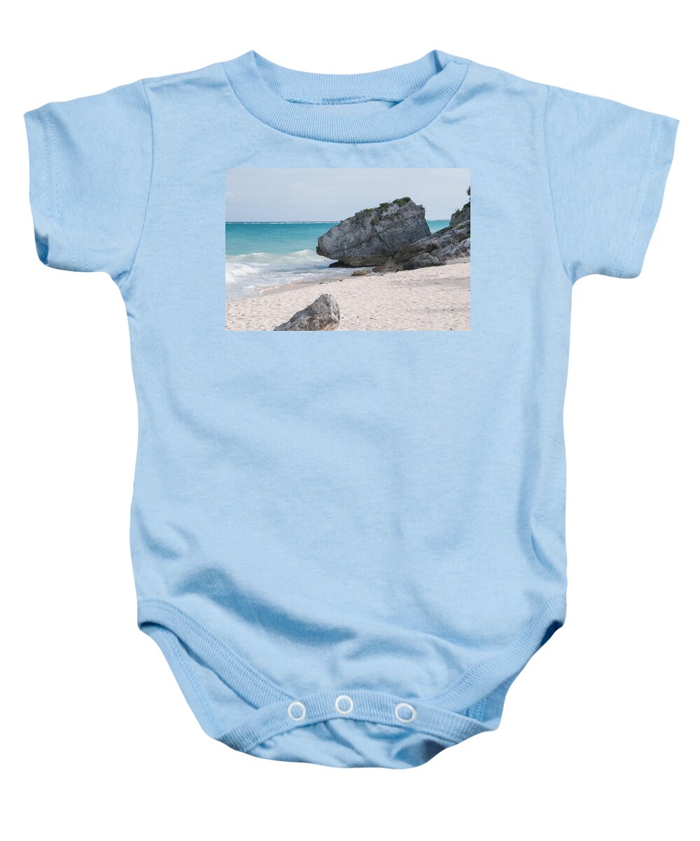 Mexico Quintana Roo Baby Onesie featuring the digital art Turtles Beach at Tulum Ruins by Carol Ailles