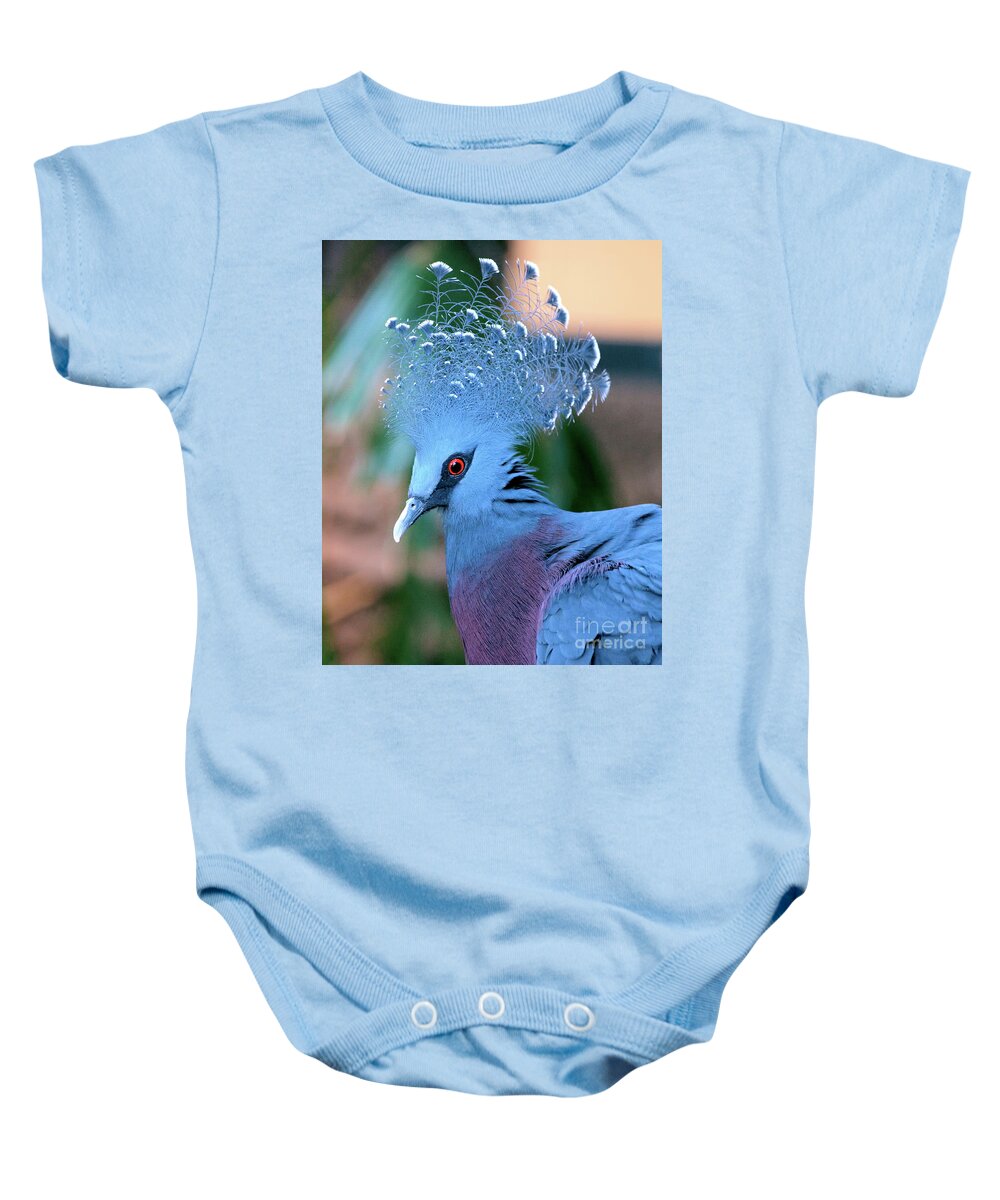 Portrait Baby Onesie featuring the photograph Victoria Crowned Pigeon by Baggieoldboy