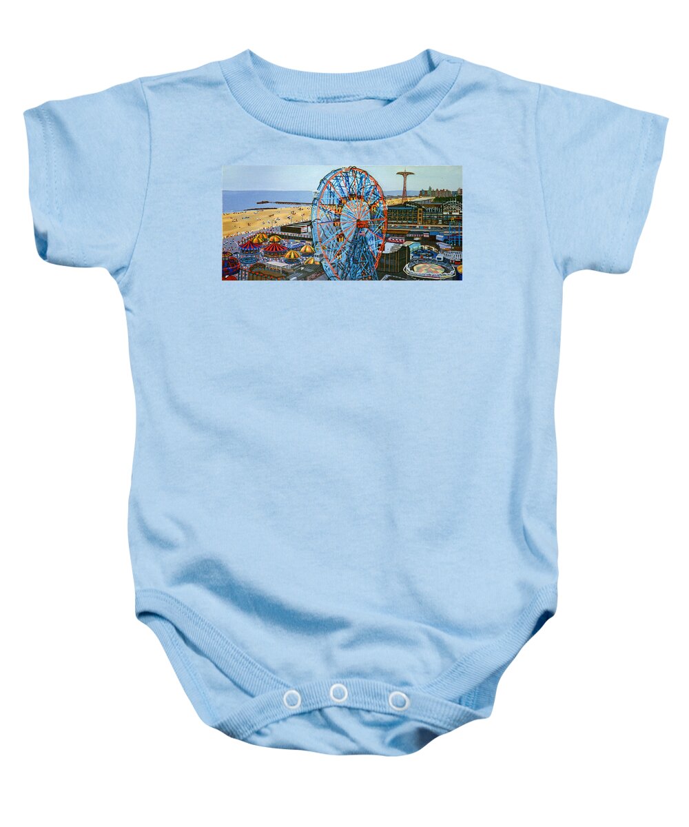 Coney Island Beach Baby Onesie featuring the painting View From The Top Of The Cyclone Rollercoaster by Bonnie Siracusa