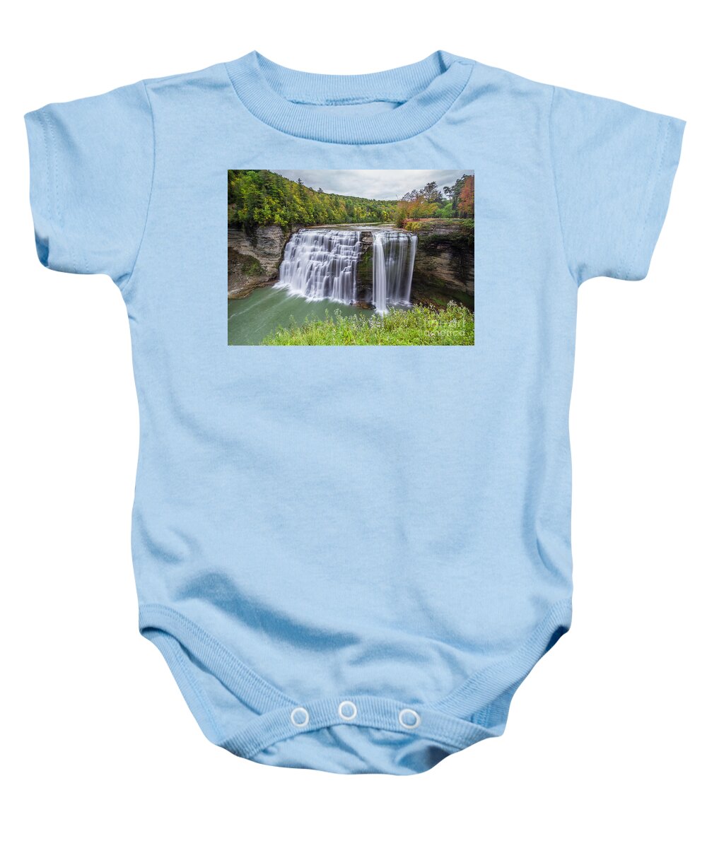 Waterfall Baby Onesie featuring the photograph View of Letchworth Middle Falls by Karen Jorstad